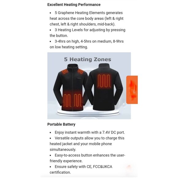 Venustas Heated Winter Jacket Men's XXL M2167 (NO BATTERY) Black Color - Picture 8 of 16